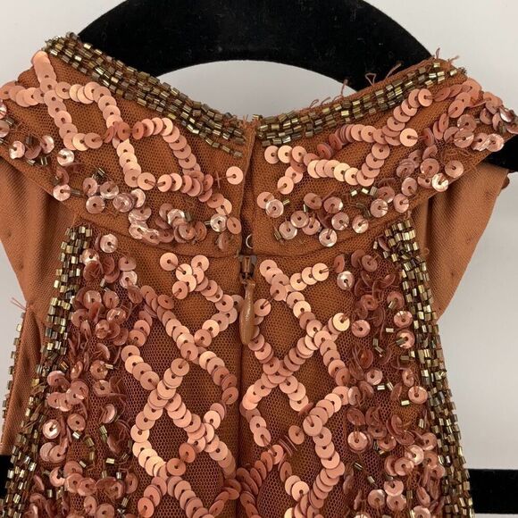 NWT Mac Duggal Copper Sequin Beaded Plaid Halter Neck Lined Cocktail Dress Size - Picture 5 of 16